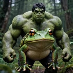 macro medium shot, rugged anthropomorphic muscular!!!!!!!!! oversized!!!!!!!! hulked!!!! frog as frog oversized barbarian hunter in deep forest, kodachrome film still