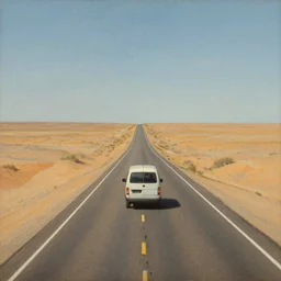a beautiful painting of a lone van driving into the distance on a deserted desert highway by carl gustav carus, highly detailed, concept art, cinematic lighting, high noon