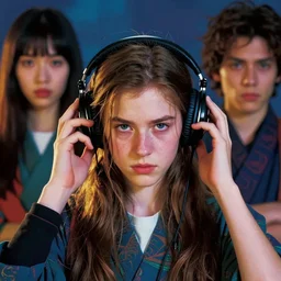 wrong headed teenager with headphones, long hair, powerful focus, magic realism, shogun, mysterious, vivid tones, by charles vess, anato finnstark, rebecca guay and leyendecker. dramatic lighting, beautiful face by