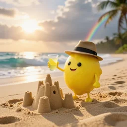 a 5 0 mm photograph, of a real anthropomorphic lemon cartoon character, it has lemon skin texture, it's wearing fedora and holding a glass on lemonase, building a sandcastle on the beach at sunset, beach, huge waves, bright sun, turbid clouds, rainbow, tropical trees, rim light, sand, sandcastle, volumetric lightening, pentax k