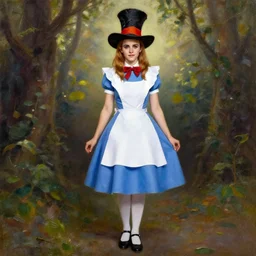 beautiful emma watson cosplay as The Mad Hatter from Alice in wonderland, oil painting, full body.