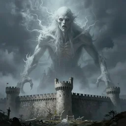 an immense beautiful terrifying pale humanoid giant looming over the wall of a lonely castle. ethereal horror fantasy art by greg rutkowski and ilya kuvshinov