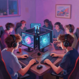 a close up, colored, teenager room paintingof a group of gamer having a lan party with lofi lightning, wide angle lens, soft focus, artstation