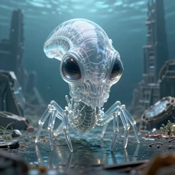 3D render of an single miniature beautiful transparent xenomorph in front of a gigantic city ruined underwater environment,  omnious , elegant,  reflections, focus, detailed, realistic eyes, horizontal partial symmetry features proportions, intricate facial skin details, award winning, trending in cgsociety artstation deviant art, octane render