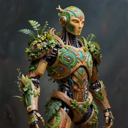 hyper - detailed fine painting of a synthetic humanoid cyborg hybrid half cybernetic and half made of plants and wood, concept art magical highlight, full color tribal and technologic art