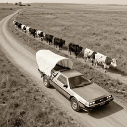 a birds - eye view sepia photograph of a delorean made into a covered wagon, traveling in a line with covered wagons and cattle, photorealistic