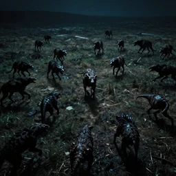 many vicious but distant creatures roaming around an open plain, seen from a high vantage point, the sheer terror in the wilderness, nocturnal dramatic apocalyptical lighting, in the style of andy warhol