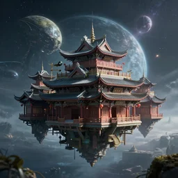 floating chinese houses in alien planet, high - tech space cult, dramatic lighting, epic, octane render, volumetric light, unreal engine, artbreeder, 8 k, background, scene, digital, artwork, high quality, 8 k