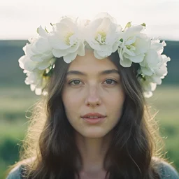An analog frontal face portrait photography of a woman wearing an big white flowers crown by Flora Borsi. Long soft hair. eyes open. Kodak Color Plus 800 film. Icelandic mood. detailed. hq. realistic. warm light. muted colors. lens flare. Glare and bloom. photoreal. Medium format photography. Rembrandt light mood. Golden hour. Leica M9.