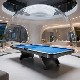 A table tennis table on a pool inside a futuristic lounge in a glass dome, designed by zaha hadid, octane render, ray tracing, 8k resolution, sharp