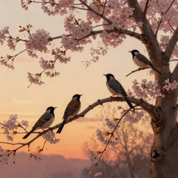 birds on cherry tree, Changelingcore, serene, graceful, sunset photo at golden hour, Kodachrome, digital painting n -9