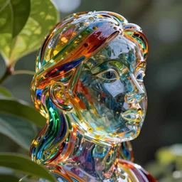 A vibrant colorful glass statue of a woman's face, transparent, high definition, foliage, leaves, high definition photography