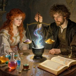 hyper real, table, wizards laboratory, lisa parker, tony sart, mortar, pestle, scales with magic powder, energy flowing, magic book, beakers of colored liquid, greg rutkowski, alphonse mucha