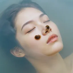 portrait photography of a ophelia woman's face floating in translucent opaque liquid. closed eyes. kodak. hq. ethereal.