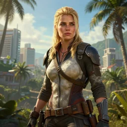 fallout 5, charismatic beautiful rugged blonde female protagonist, portrait, outdoors tropical cityscape, atmospheric lighting, painted, intricate, volumetric lighting, beautiful, daytime, sunny weather, few clouds, sharp focus, deep colours, ultra detailed, art by krenz cushart and wenjun lin