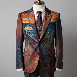 a three piece suit inspired by edvard munch's the scream. a three piece suit in the style of the scream. studio lighting