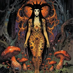 artgerm, joshua middleton, mucha, beksinski, moebius, heavy metal comic cover art, psychedelic triangular skeletal calcification fungus lich, full body, hollow eyes, symmetrical face, long black crown, in a dungeon background, moody dark colors