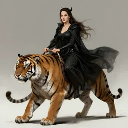 angelina jolie as a dark fantasy female dark sorceress, riding a sabtetooh tiger, highly detailed, qichao wang, artgerm, cushart krenz, zeronis, trending on artstation, soft light, sharp edges, illustration, character design, concept art