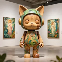 3 d octane render, ultra photorealistic, 8 k hyper detailed, a very very cute wooden statue robot of the anthropology, cat ears, cyberpunk, jungle, cgsociety, in a contemporary art gallery, in neo tokyo, artwork by alphonse mucha