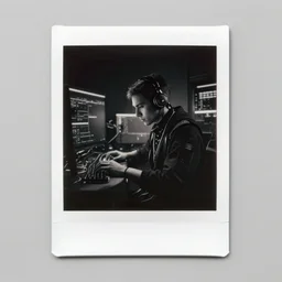 black and white - 3 5 mm polaroid photo - dark photo of a cyberpunk programmer composed of wires, realistic shaded lighting poster