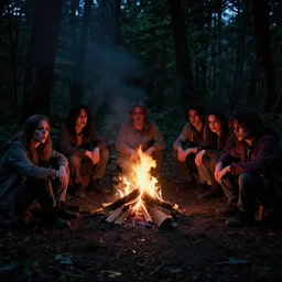 A group of people sit around a campfire in the middle of a dark forest. They look tired and scared, Horror, Creepy, Spooky, Camcorder, VHS quality,