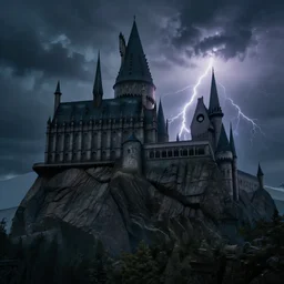 dark stormy towering castle with lots of turrets on a cliff, thunder and lightning, atmospheric fantasy