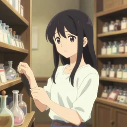 lomography, anime, portrait of a young woman in a alchemist's potion shop interior shopping, glowing, haruhiko mikimoto, hisashi eguchi, katsuhiro otomo, dynamic pose and perspective, dramatic lighting, detailed facial features, yoshinari yoh