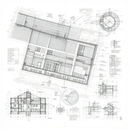 An architectural presentation drawing made up of layers of technical drawings and architectural plans and blueprints, very detailed and intricate with callout texts, leaders, arrows,  with dimensions and titleblocks and section bubbles by Kim Jung Gi and Leonardo da Vinci