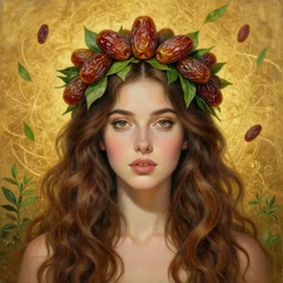 epic painting, full figure portrait of beautiful female with wavy brown hair with sweet dried dates, medjool dates, dried dates crown,, green tea leaves background, golden glow background, drawing, photography by amy leibowitz, wlop, jeremy lipkin, beeple, intricate golden fractals, team leaves flying in the sky, symmetrical front portrait, artgerm