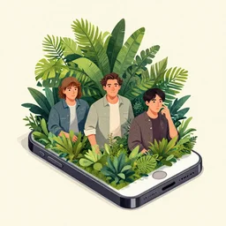 editorial illustration portrait of an isometric iphone with lush foliage overgrowth, mads berg, christopher balaskas, victo ngai, rich grainy texture, detailed, dynamic composition, wide angle, matte print, unreal engine, screen print, ( ( dither ) )