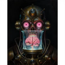 neoclassicist close - up sci - fi portrait of a glowing steampunk overlord with giant pink eyes and a brain in a vat. dark black ominous background, glowing atmosphere. highly detailed science fiction horror painting by norman rockwell, frank frazetta, and syd mead. rich colors, high contrast, gloomy atmosphere. trending on artstation and behance.