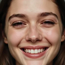 a candid extreme closeup portrait of an expressive face of a happy through tears young woman by annie leibovitz