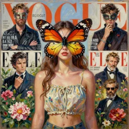 woman with butterfly wings, masquerade ball butterfly mask, vogue magazine, elle magazine, anime, trending on artstation, greg rutkowski, gerardo dottori, john singer sargent, oil painting, intricate, flower garden, crop top