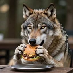 anthromorphic wolf eating a cheeseburger
