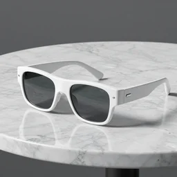 A 3d render of white futuristic glasses on a marble table, hyper detailed, 8k resolution, award winning design