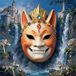 hyper realistic Princess Mononoke in her mask, landscape, wolves, magic, castle, jewels, style of tom bagshaw, mucha, james gurney, norman rockwell, gems and gold, waterfalls, denoised, sharp, orange and blue colours,