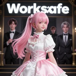 worksafe. instagram photo. insanely detailed. by wlop, ilya kuvshinov, krenz cushart, greg rutkowski, pixiv. zbrush sculpt, octane, maya, houdini, vfx. pink, white and black, gorgeous young cg gentle girlish feminine sissy boy with long hair, ponytail hairstyle, wearing hairbow, frills, silk dress, friendly smiling, in luxury advertisement. cinematic dramatic atmosphere, sharp focus, volumetric lighting
