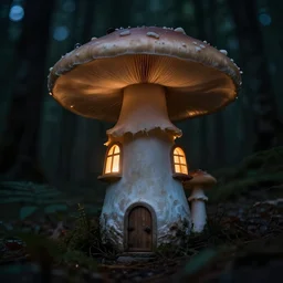 A mushroom house in a tall mushroom, warm light coming from the windows, small door and windows in the mushroom, in a dark forest, macro, cool tones, underexposed, overecast, mysterious matte painting by greg rutkowski and marc simonetti and Ivan Shishkin, 4k