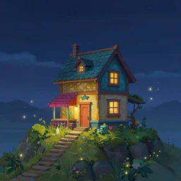 beautiful 3 d painting of a colourful house on a hilltop at midnight with small fireflies flying around, breath of the wild, hyrule, inspired by cyril rolando, david wiesner, artstation, unreal engine