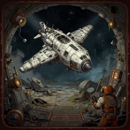 inside the wreckage of a crashed spacecraft, from a space themed point and click 2 d graphic adventure game, art inspired by steampunk and thomas kinkade