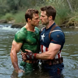 stephen amell green arrow embracing chris evans captain america, wading in a river, sunlight glistens on their skin, painting by gaston bussiere, craig mullins, j. c. leyendecker, tom of finland