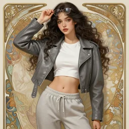 girl in very short white! top and very short gray! leather jacket, open belly, long dark curly hair, glasses up lifted forehead, high waist sweatpants, intricate, elegant, highly detailed, digital painting, artstation, concept art, smooth, illustration, art by artgerm and greg rutkowski and alphonse mucha