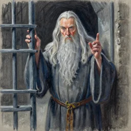 “Gandalf the Grey in a prison cell contemplating escape, oil pastel.”