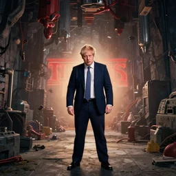 boris johnson in the stranger things upside down world, realistic, photography, award winning, 8 k, wide shot,