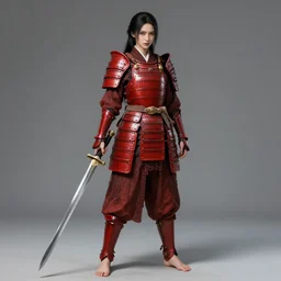 full body portrait of a barefoot female vampire warrior by guweiz, realistic human feet, barefoot, crimson heavy armor, two - handed sword, lithe, athletic, face, beautiful face, detailed, historical japanese armor, anatomically accurate, reasonable fantasy, guweiz, z. w. gu on artstation, 4 k.