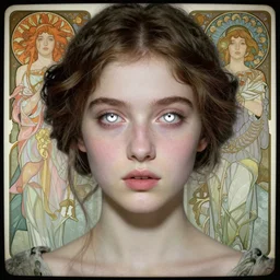 a beautiful young lady with huge bright silver eyes, colored daguerreotype by pontormo, by bosch, by mucha, by Mackintosh, by max ernst, by ernst heackel, modern art noveau, highly detailed, digital art, strong lights, liminal, eerie, Bright pastel color