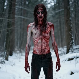 blood soaked skinwalker, lanky, skinny, pale skin, snow, forest, dark, horrifying