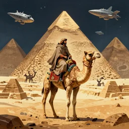 centered portrait of illustration, detailed, a person with a cloak riding a strange camel, piramids in the scene, volumetric, sci fi, space ships, fantasy scheme | coherence | art by jean giraud and moebius