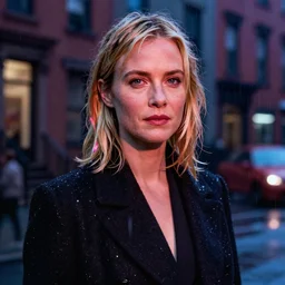 night flash portrait photography of carey mulligan on the lower east side by annie leibovitz, raining!!!, colorful!!, nighttime!!,