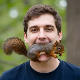 a man with a squirrel inside his mouth